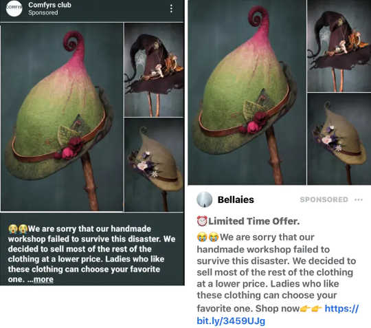 Suspicious advertisements on Instagram, left, and Facebook, right, with pandemic going-out-of-business stories that use a product image taken from a legitimate business, (here are 10 tips for avoiding scams shopping online)