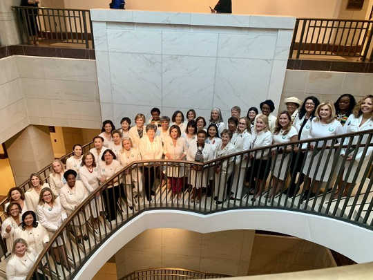 House Democratic women donned all-white outfits to celebrate the suffragists, on February 4, 2020, in a nod to the 100th anniversary of the ratification of the 19th amendment, which forbade states from denying the right to vote on the basis of sex.